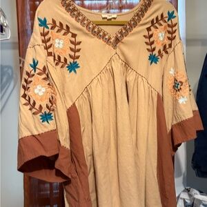 Easel Tan and Brown Embroidered Dress